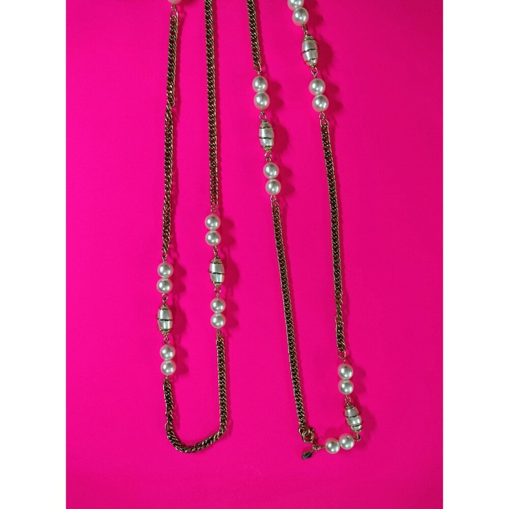 Sarah Coventry Vintage Gold Tone Chain Faux Pearl Pendant Long Necklace Jewelry - Picture 10 of 16